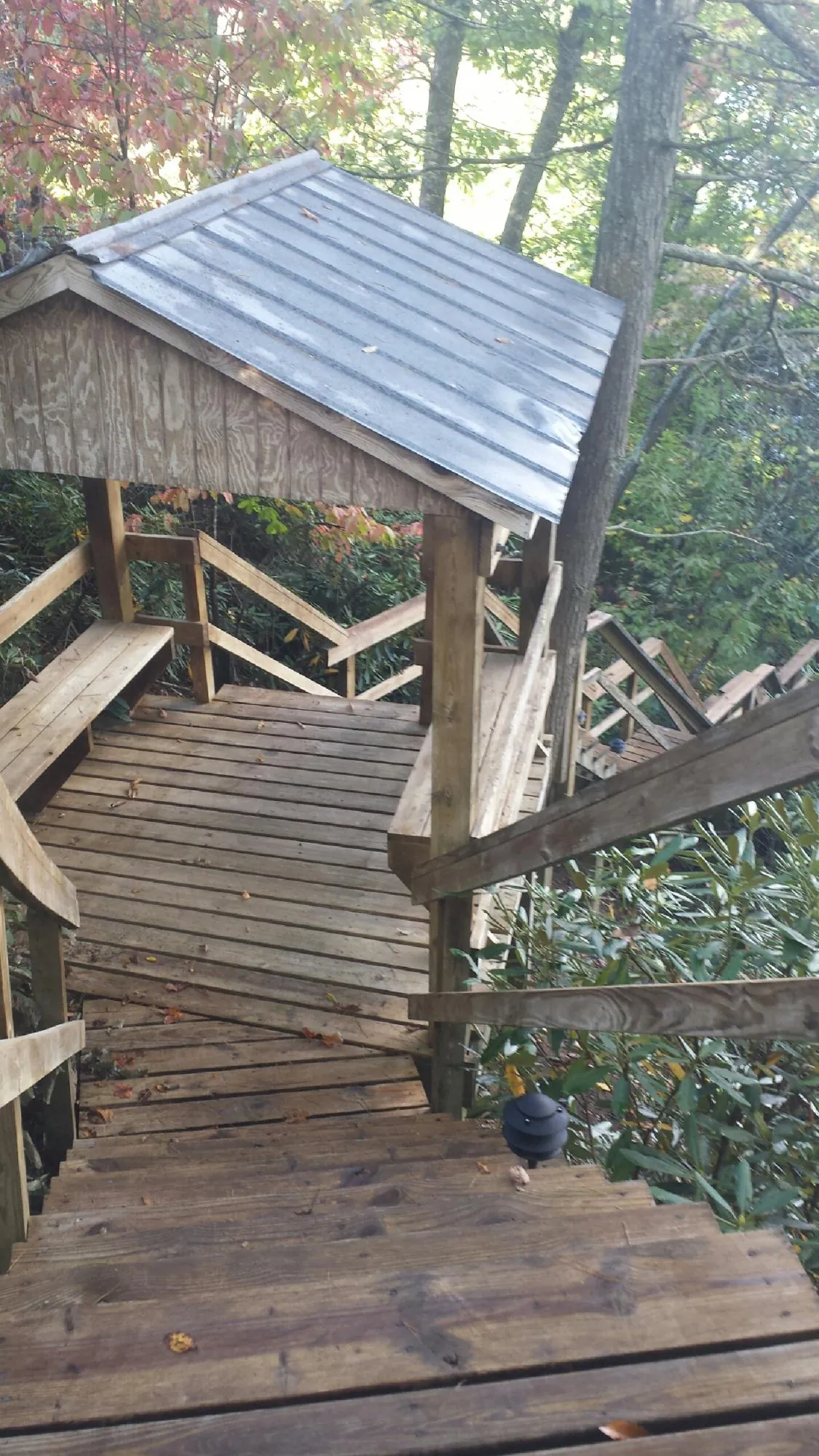 Metal roofed shelter over wooden steps on a wooded walkway — Skylight Repair & Installation work by our crew in Thaxton